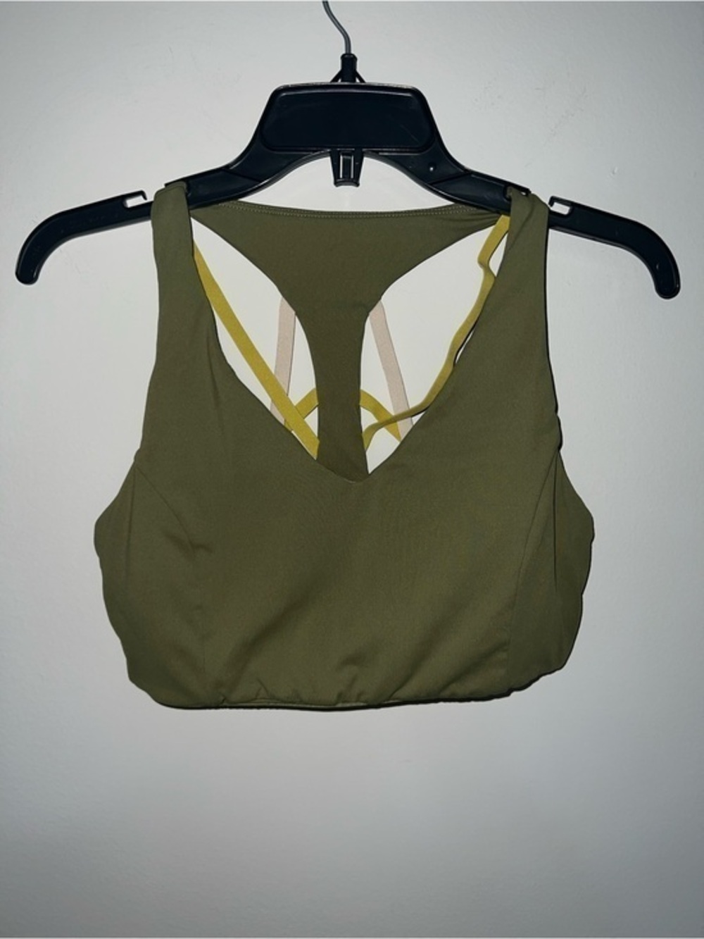 Olive Green Strappy Sports Bra Top yellow detailing padded Fabletics Small
